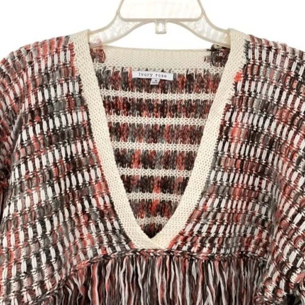 Ivory Rose Cropped Knit Fringe Sweater Boho V Neck - Picture 4 of 14